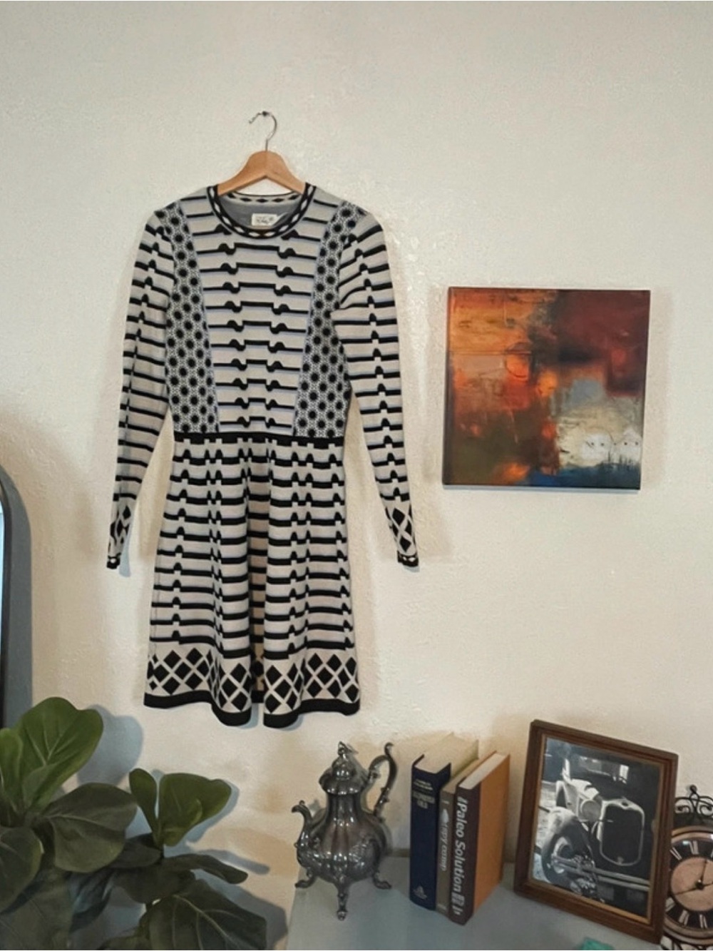Eliza J Black and White Long Sleeve Fit-and-Flare Dress